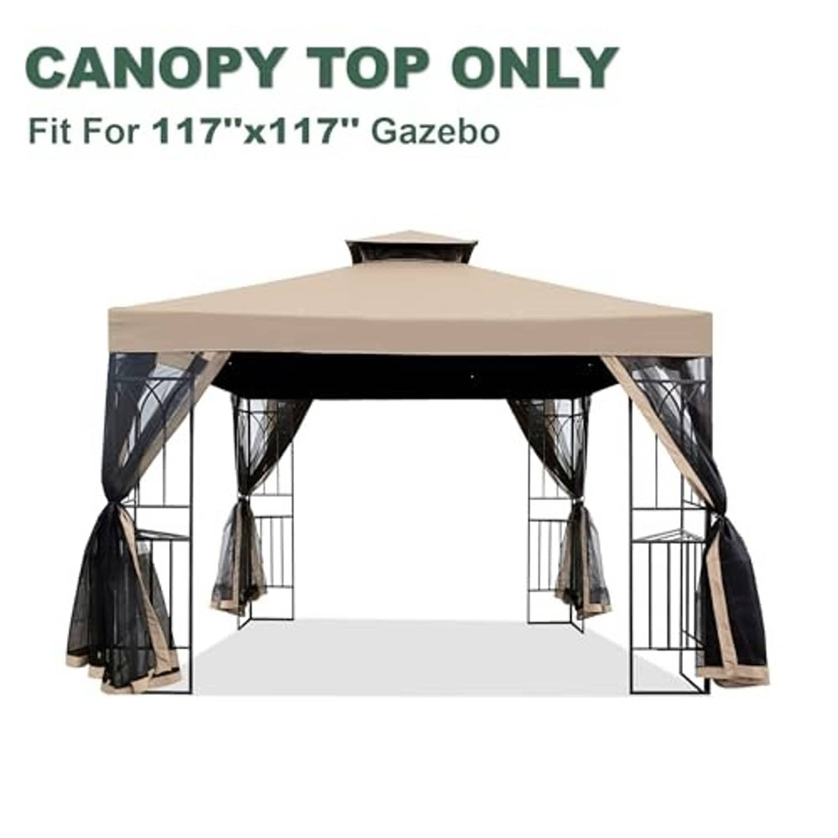 Light beige gazebo canopy cover with black side curtains for gazebo frame