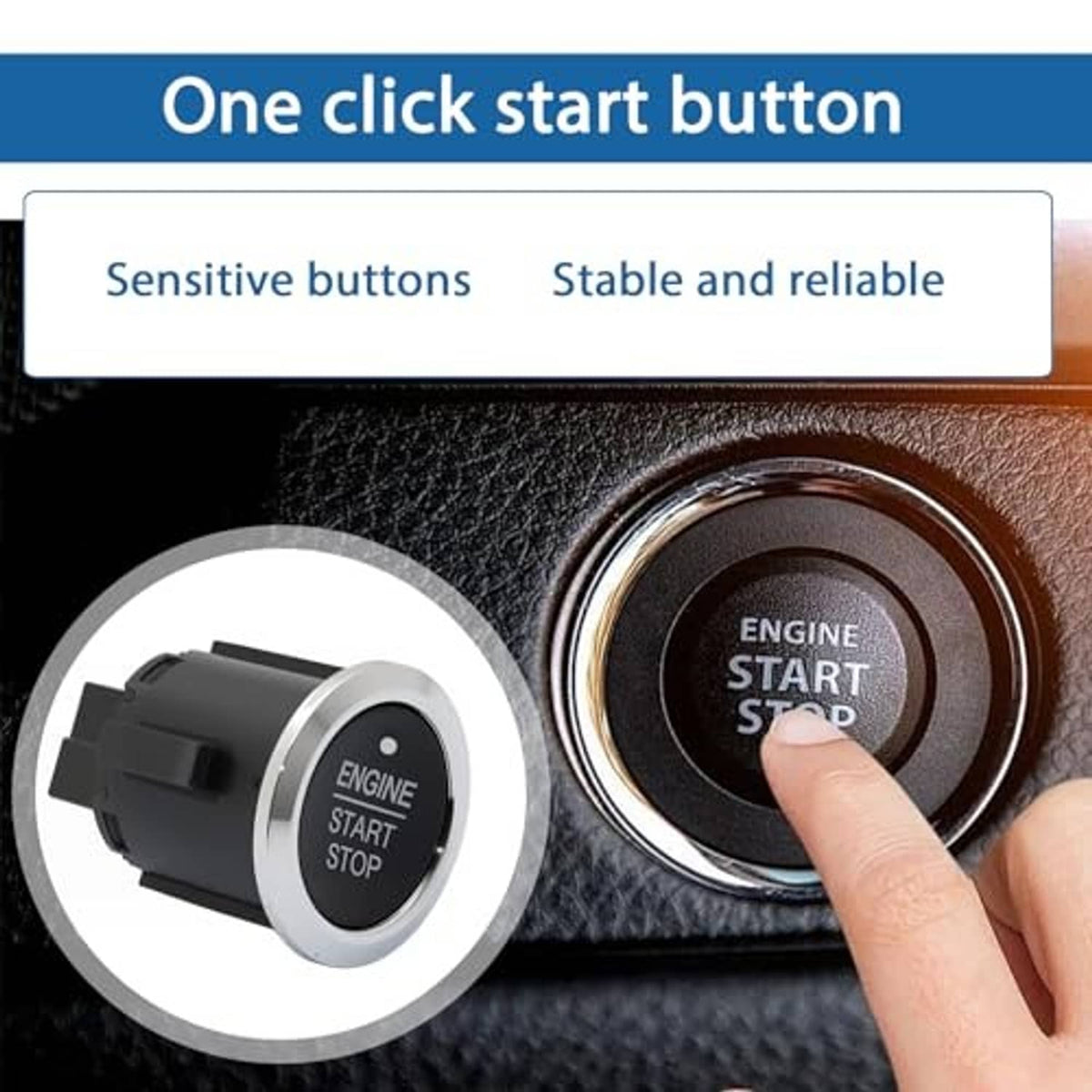 Engine start stop button on dashboard, silver ring and black face with finger press