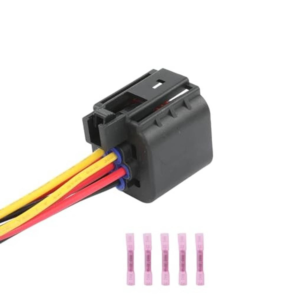 Headlight sensor connector plug with multi-color wires and black housing, side view