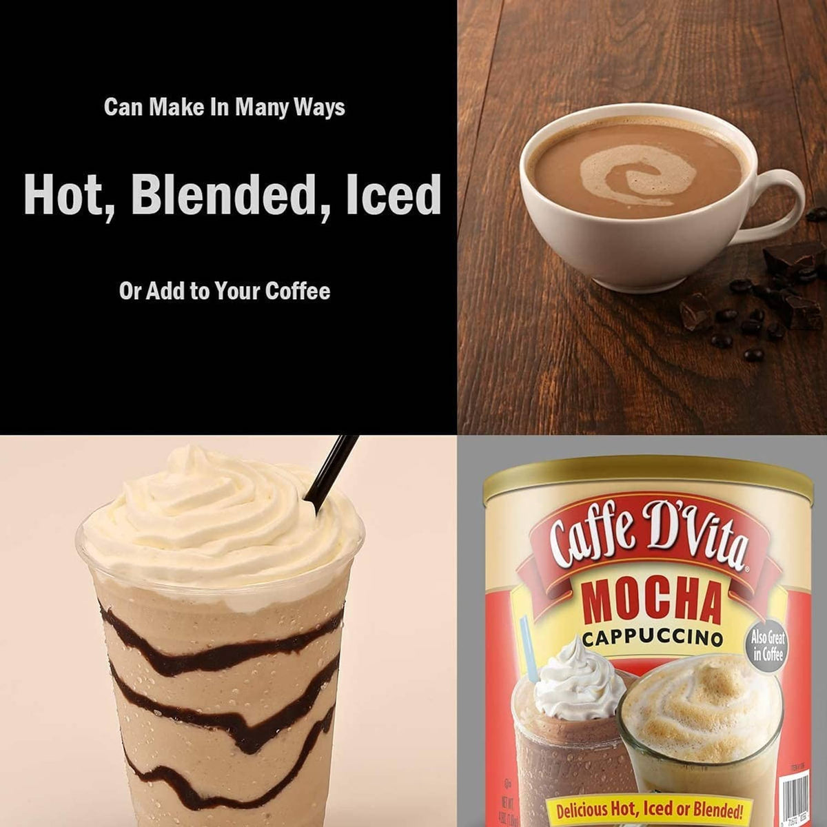 Mocha cappuccino mix can shown with iced blended coffee cup and foam