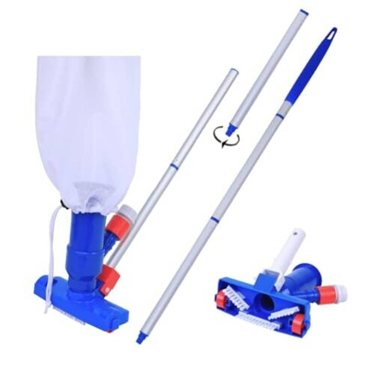Pool jet vacuum kit with poles, white bag, and blue vacuum head