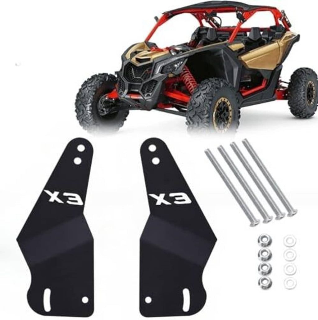Black mounting brackets set with three bolts, washers, and a pair of bracket plates