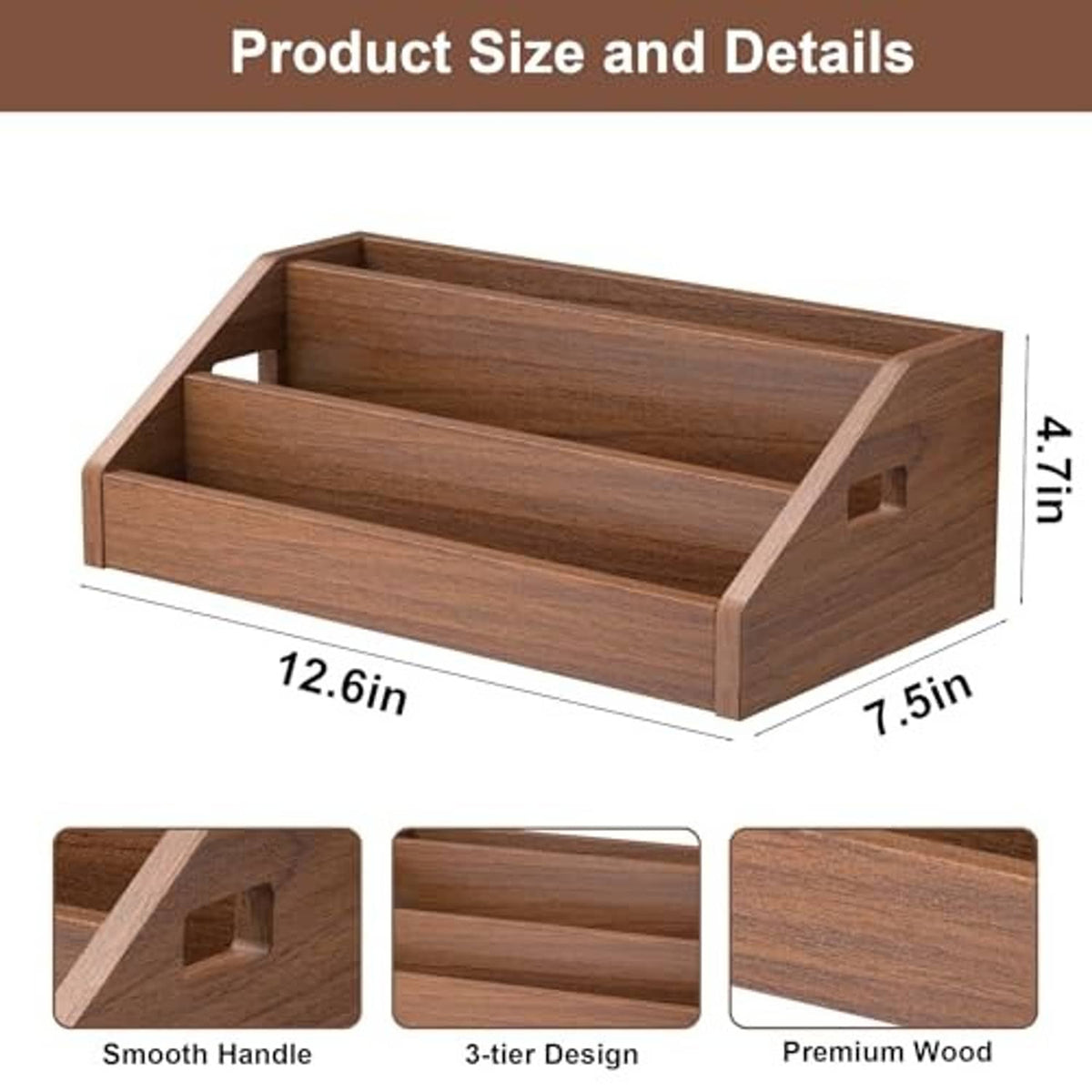 Brown wooden 3-tier CD/DVD display stand showing handle and compartment layout