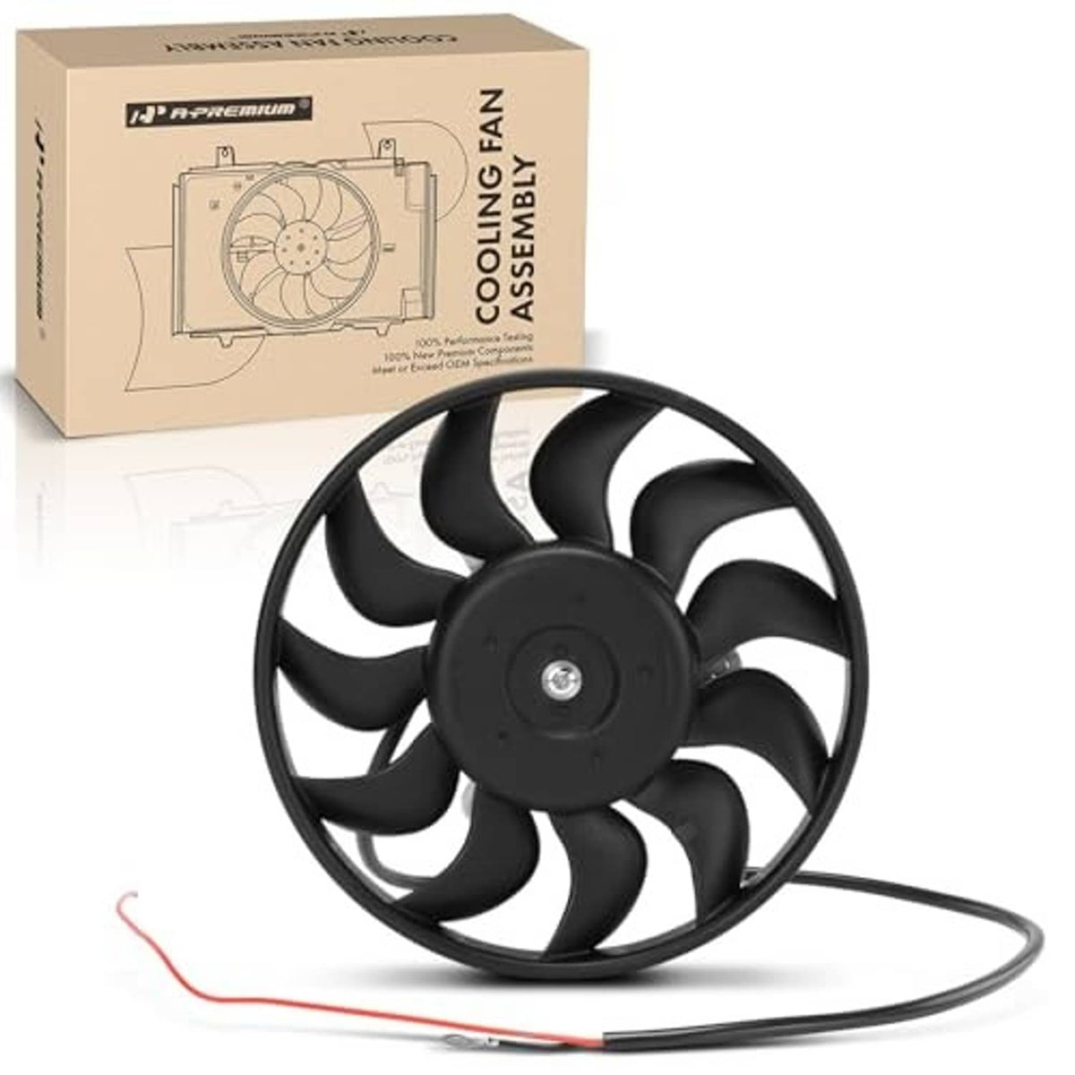 Radiator cooling fan assembly with black multi-blade fan, wiring harness, and box