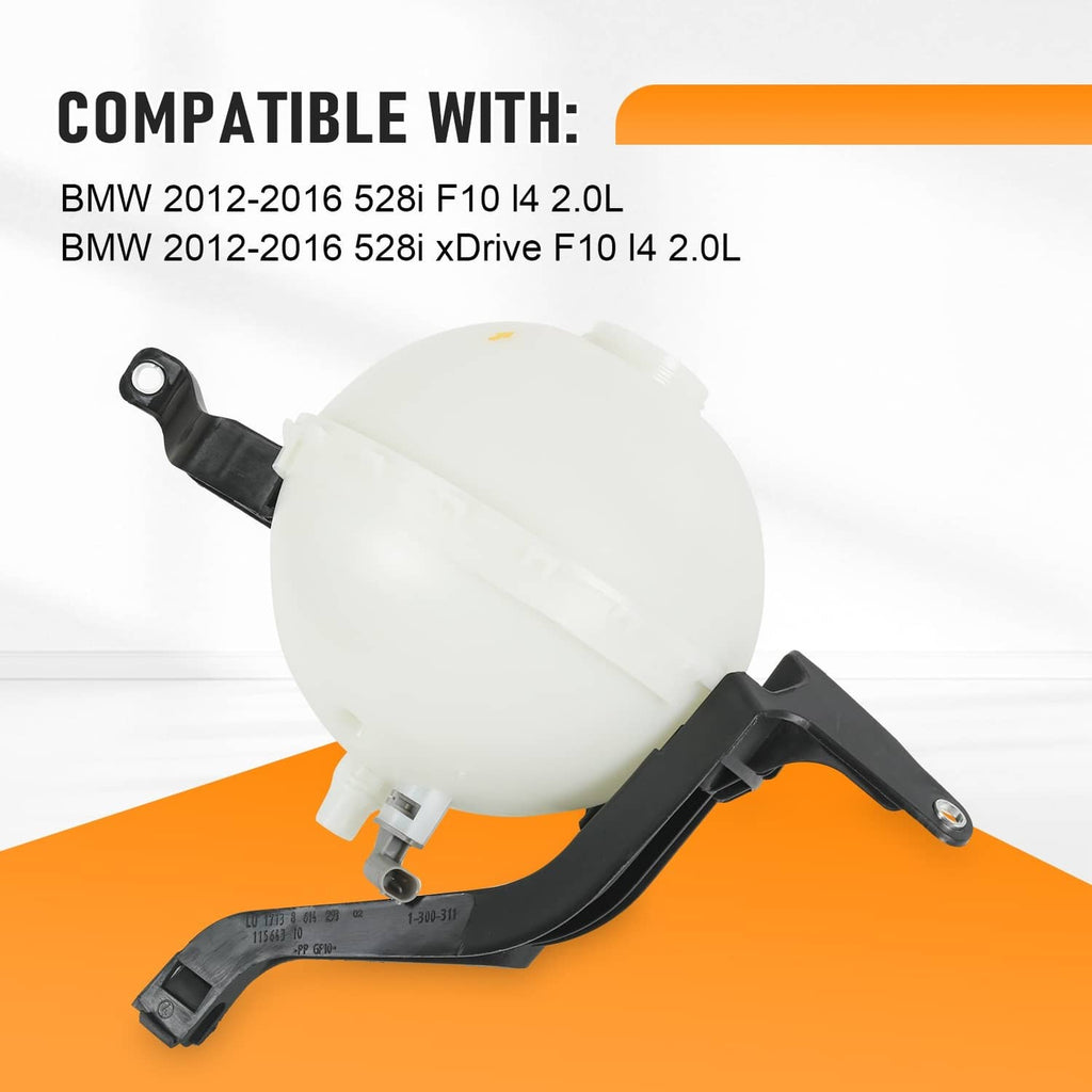 Coolant reservoir expansion tank with sensor and black hoses, white tank body