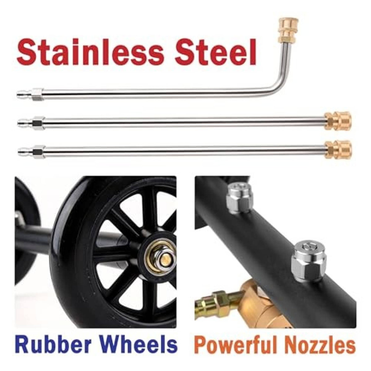 Undercarriage washer with stainless steel wands, black frame, and rubber wheels
