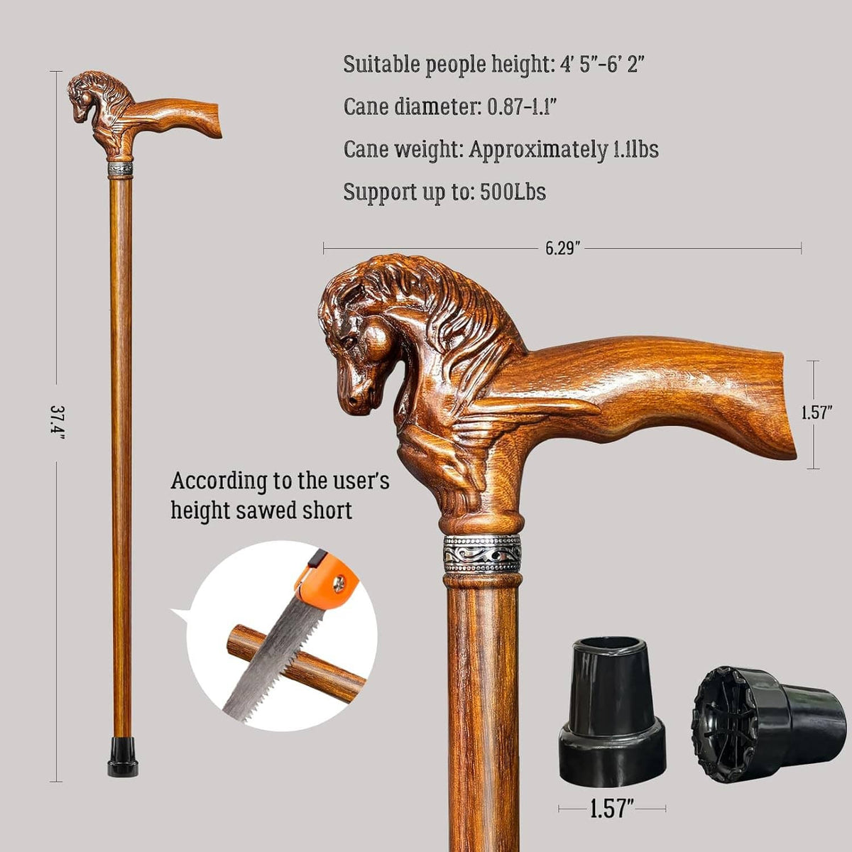 Wooden walking cane with carved horse head handle, size diagram layout