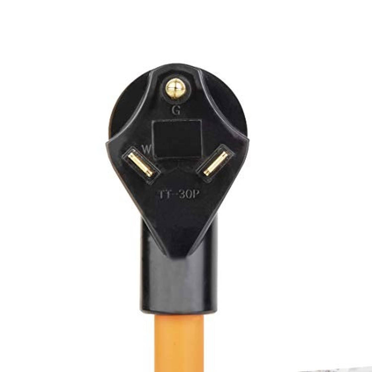 TT-30P plug face with brass contacts on black housing, orange cable lead
