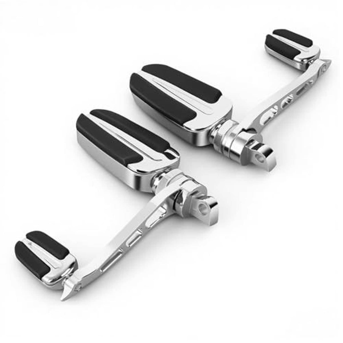 Motorcycle foot peg kit with three black rubber pads and silver bracket arms