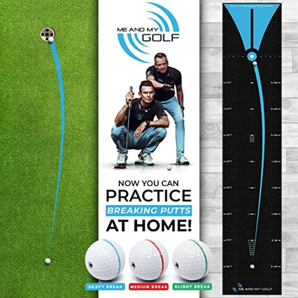 Breaking ball putting mat with blue alignment line, plus three practice golf balls