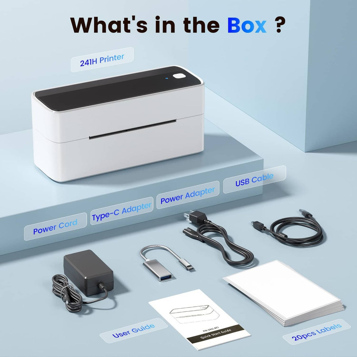 Wireless label printer box contents: printer with USB cable, adapters, power supply, guides