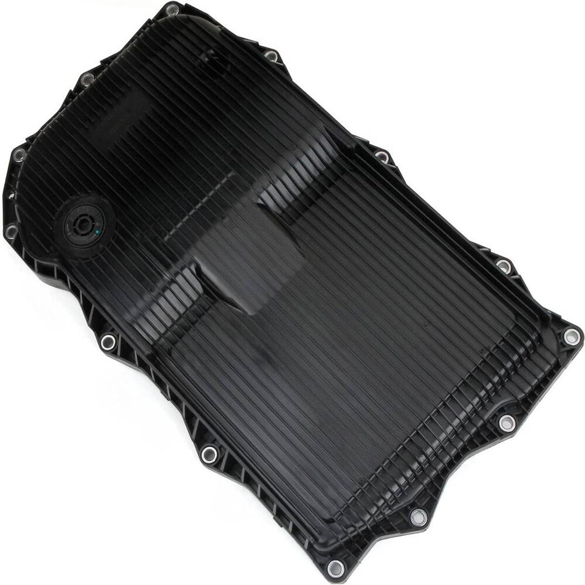 Black ribbed transmission oil pan with circular cap and corner mounting bolts