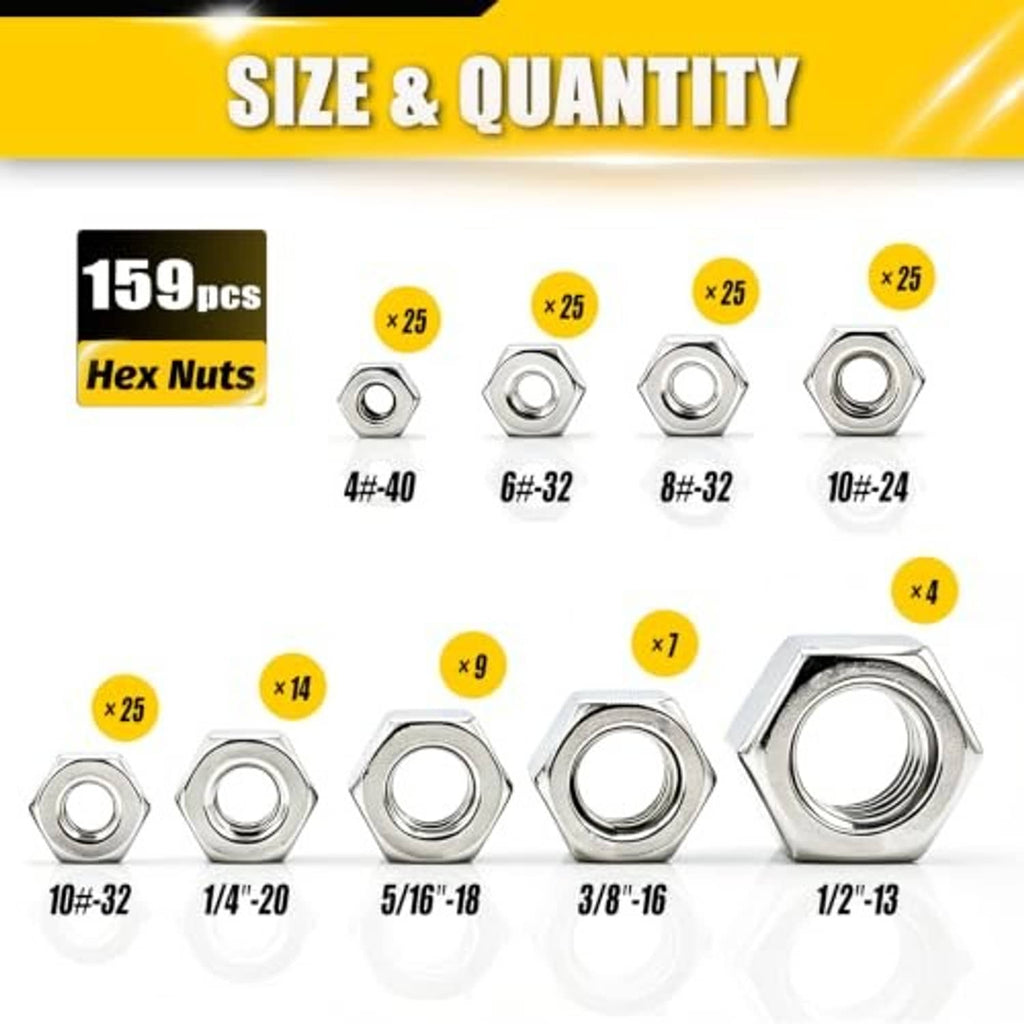 159-piece SAE hex nut assortment size chart showing multiple nut sizes