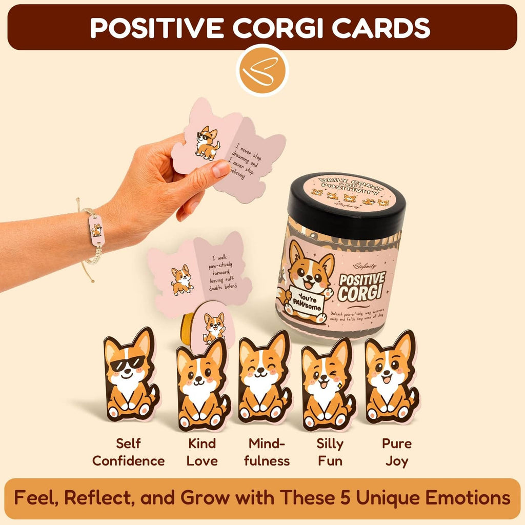 Positive corgi cards set with storage jar and emotion-themed card designs