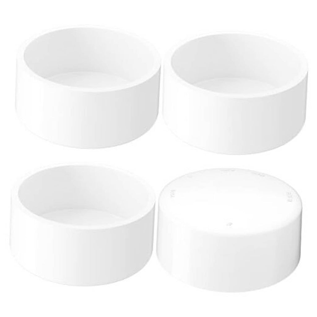 White PVC pipe end caps, four-piece set with open tops and rounded sides