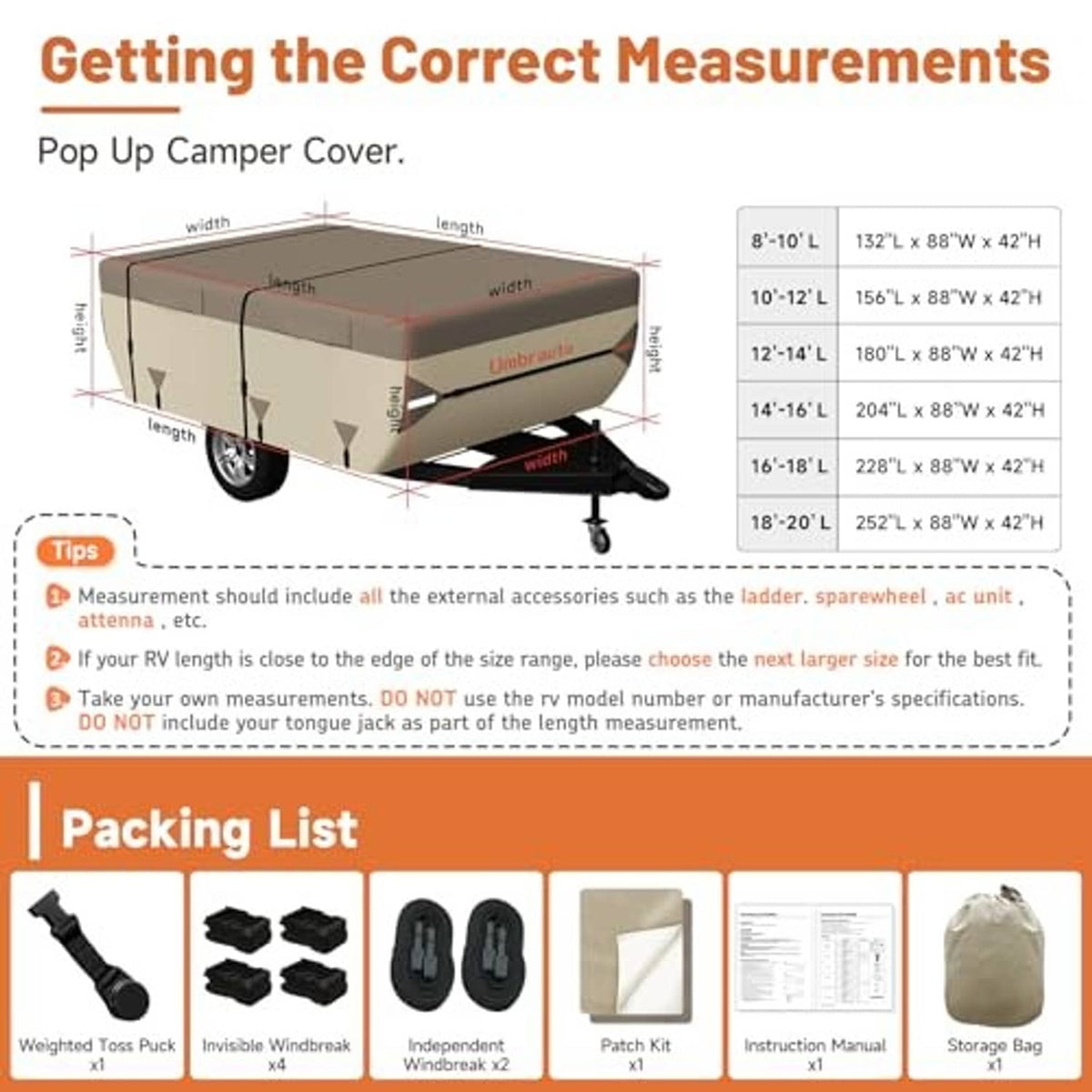 Pop-up camper cover size chart diagram with labeled width and length