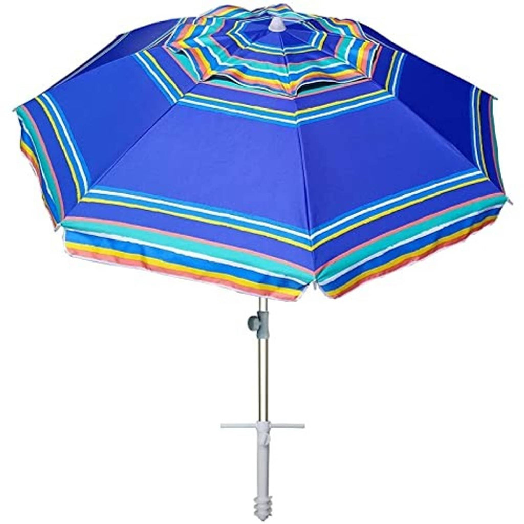Blue beach umbrella with striped canopy and gray stand pole with sand anchor