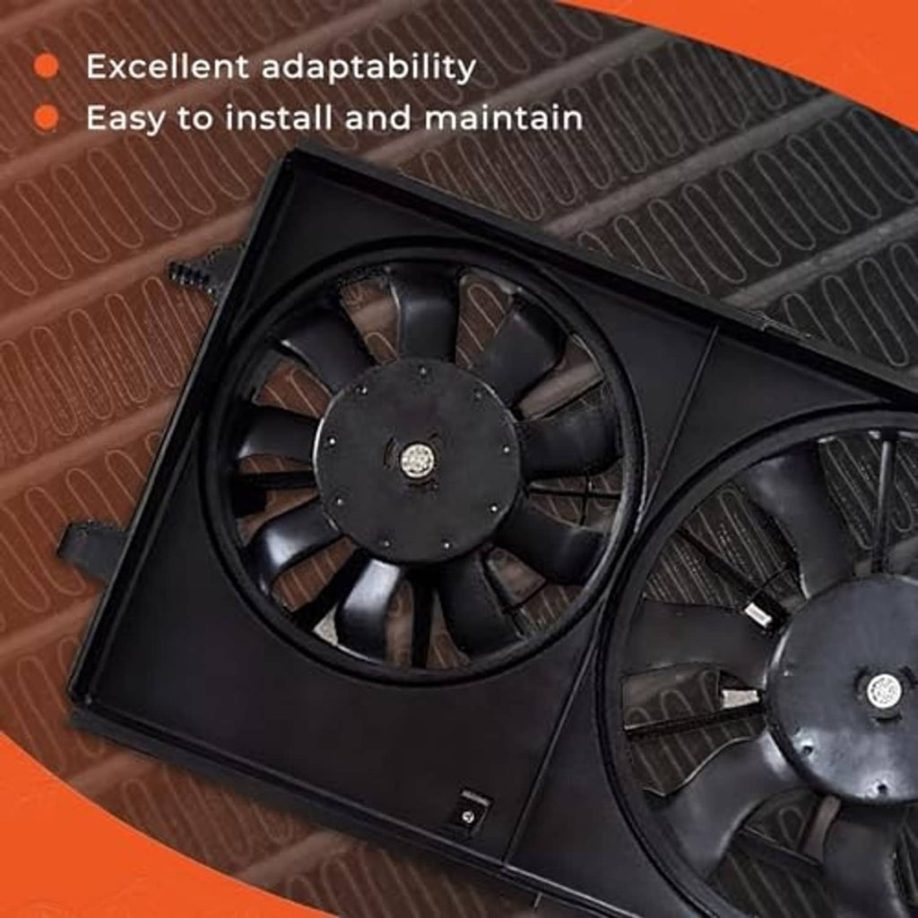 Angled view of black dual radiator cooling fans with circular blades and housing