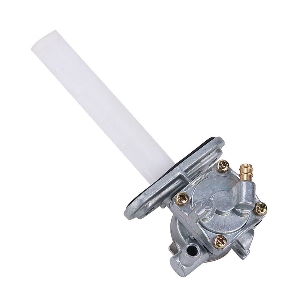 Fuel petcock switch valve with long white lever, metal housing and brass inlet