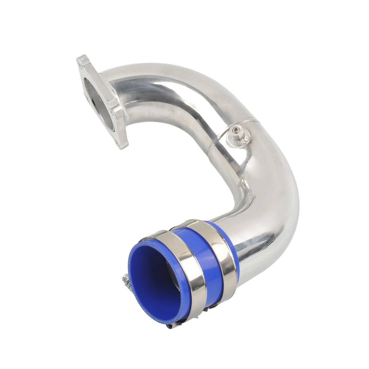 Polished air intake elbow charge pipe with blue silicone coupler and metal mounting plate