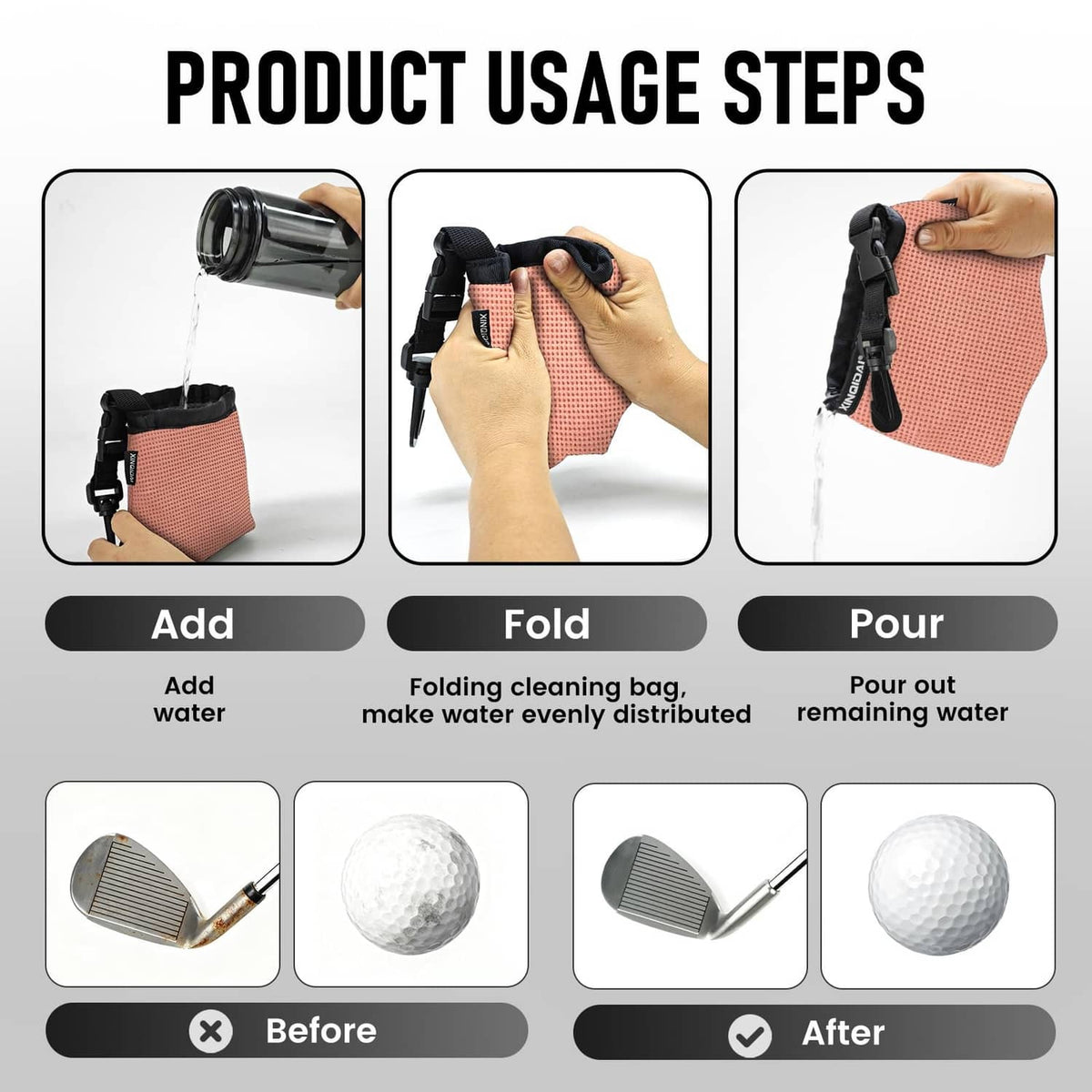 Pink foldable golf club cleaner bag with black rim, clip, and inner gray insert