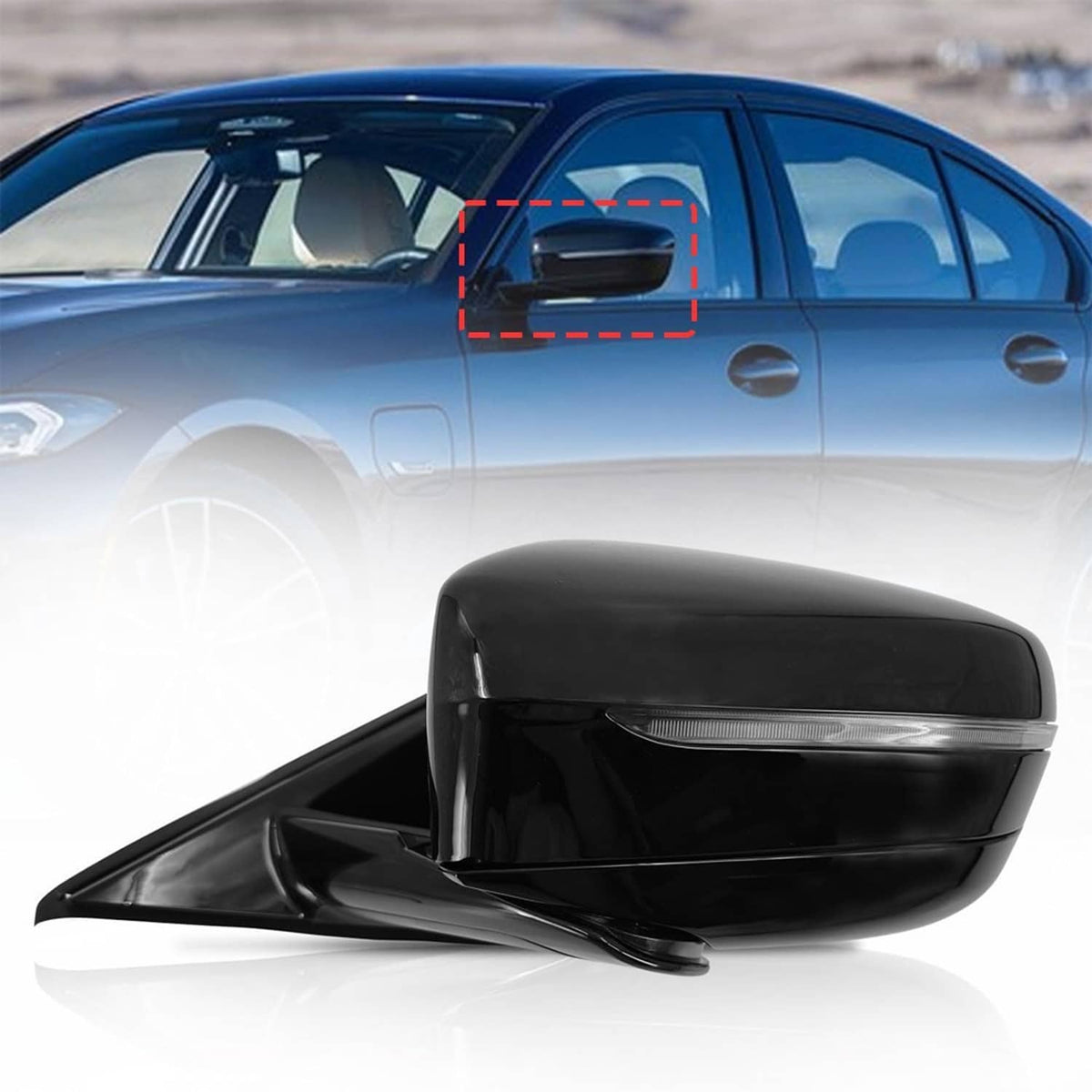 Black left driver-side mirror with built-in turn signal, shown on vehicle