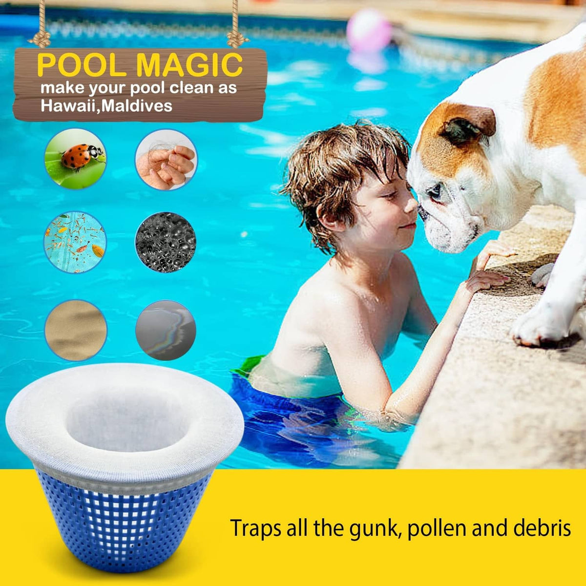 Pool skimmer filter sock with white top rim and blue mesh base, single cup