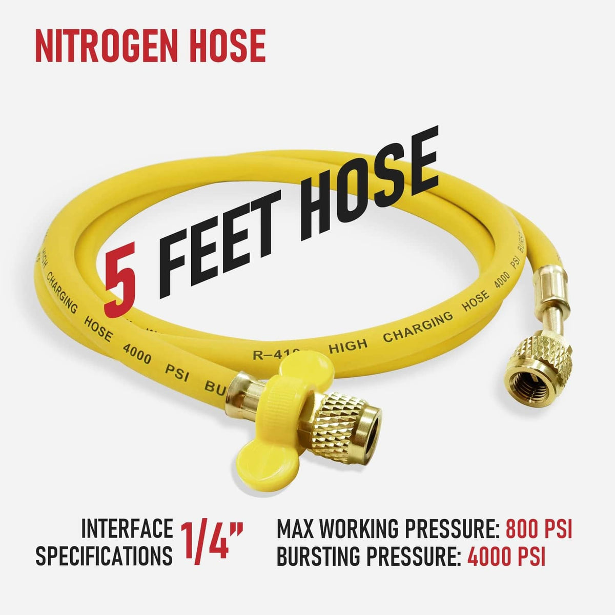 Yellow nitrogen hose with brass connector, 5 feet length