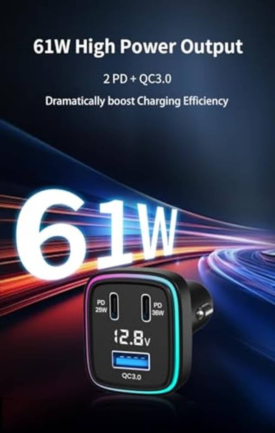 Compact car charger adapter with digital voltage readout and multicolor LED ring light