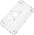 Stainless steel sink grid protector with round drain opening and black stabilizer feet