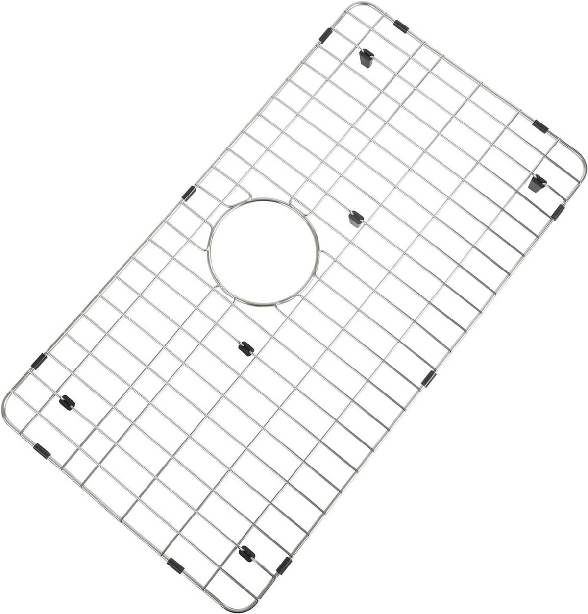 Stainless steel sink grid protector with round drain opening and black stabilizer feet