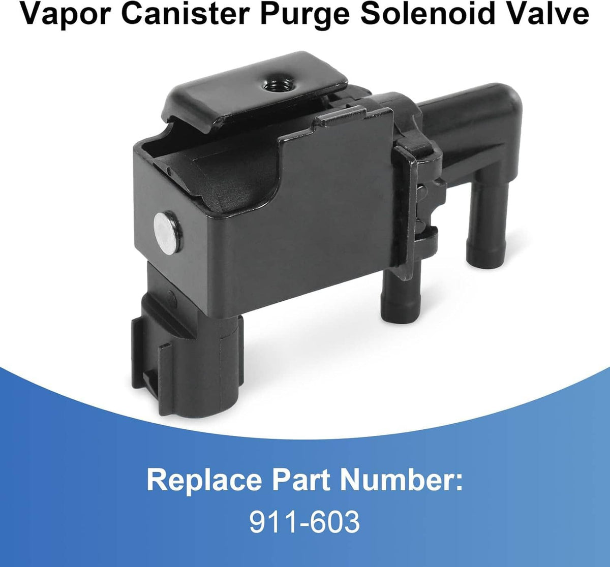 Black vapor canister purge solenoid valve with two vacuum ports and mounting tabs