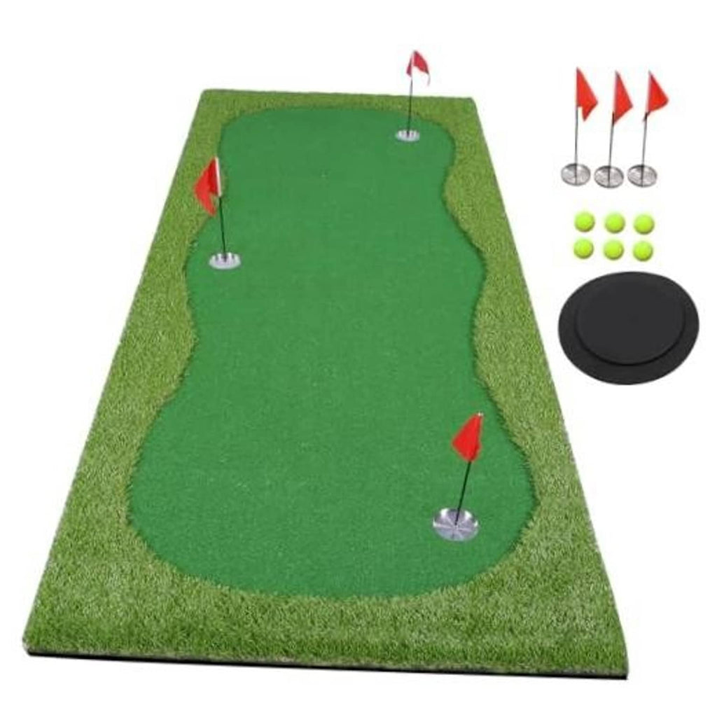 Green golf putting practice mat with built-in cup holes and red flags