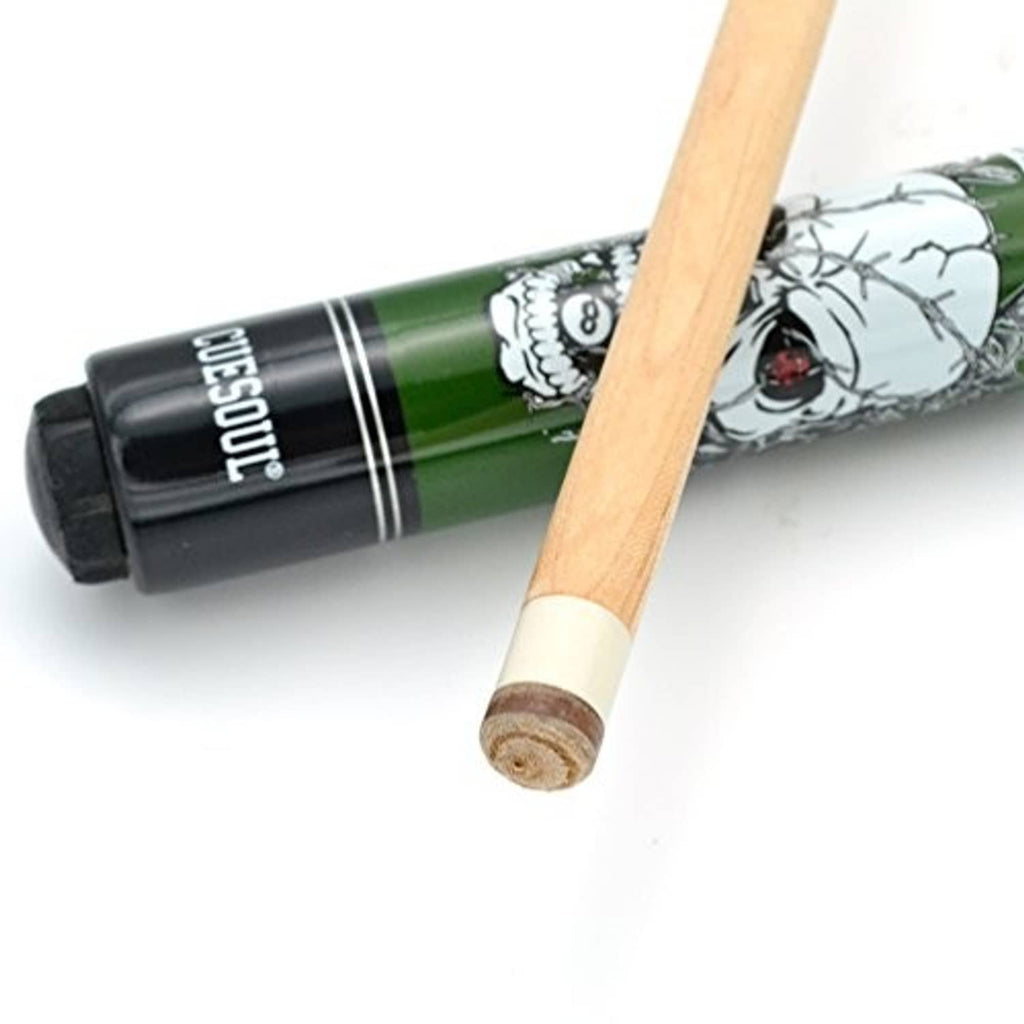 Pool cue tip and wood end on green cue with black joint sleeve