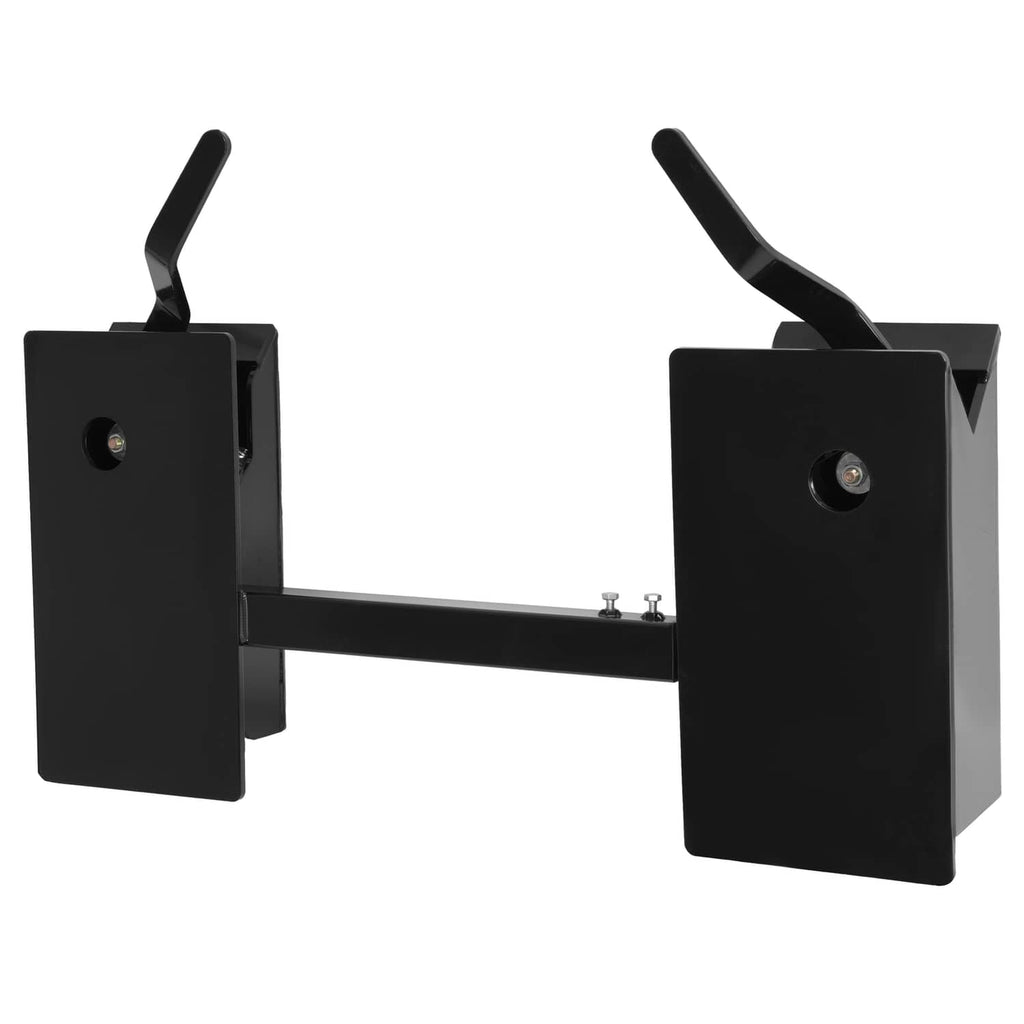 Adjustable skid-steer quick attach adapter with round hardware holes on black plates