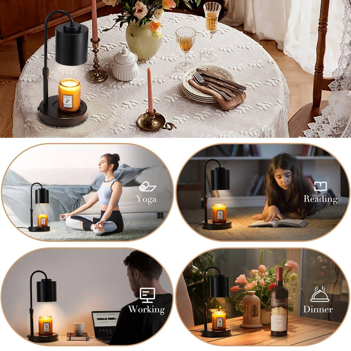 Black candle warmer lamp with round base on dining table, warming a jar candle