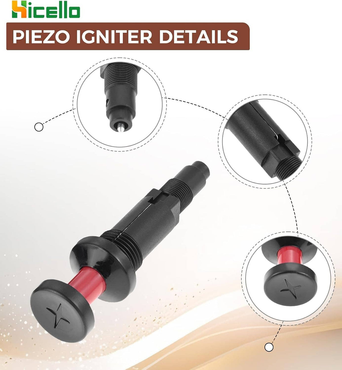 Universal piezo igniter detail: black body, red insulator, and star-marked push button
