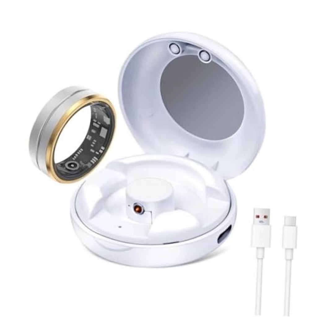 White magnetic smart ring charging case with open compartment and charging cradle