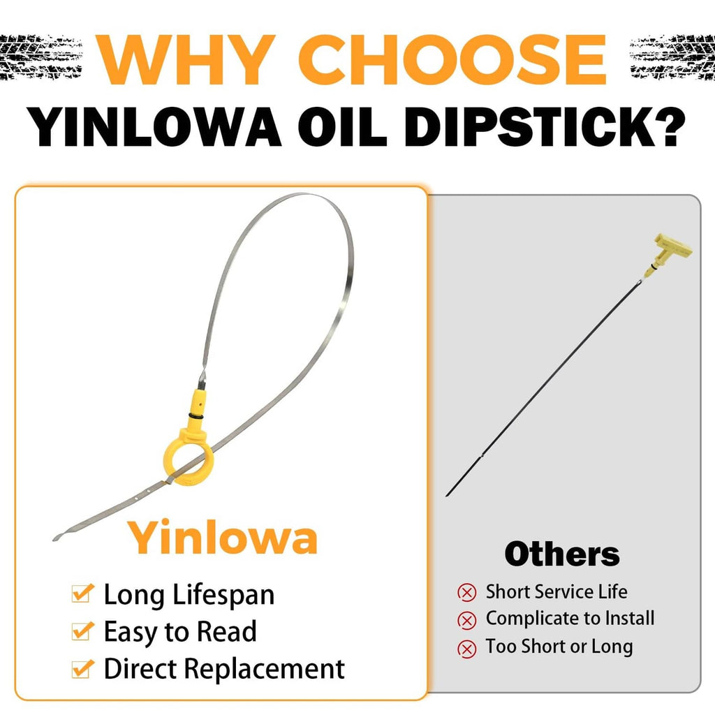 Engine oil dipstick with yellow handle and metal measuring rod on product card