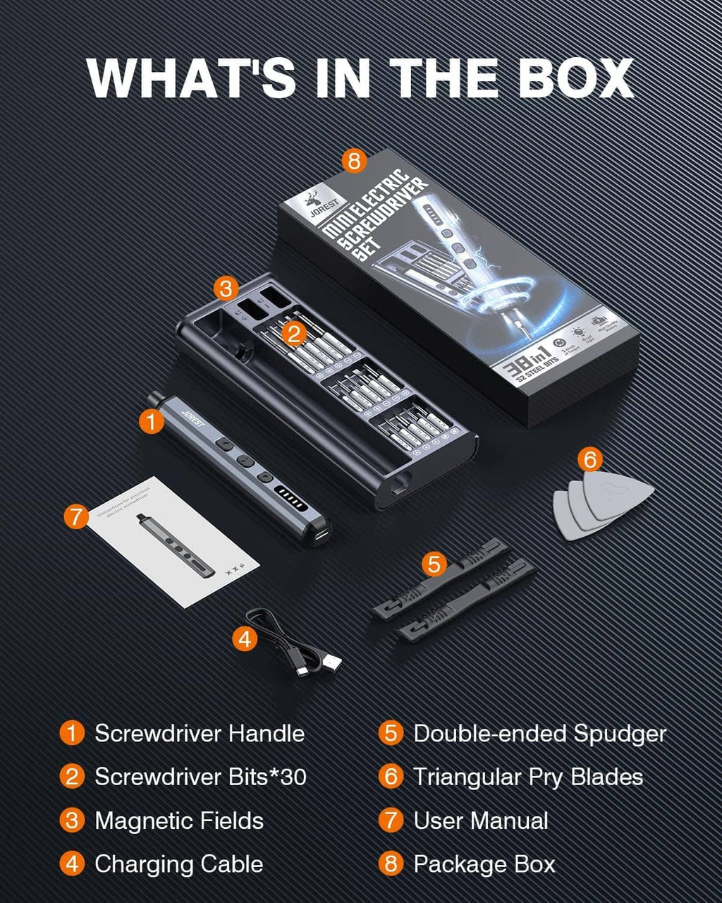 Mini electric screwdriver kit contents: handle, bits, charging cable, blades, and manual