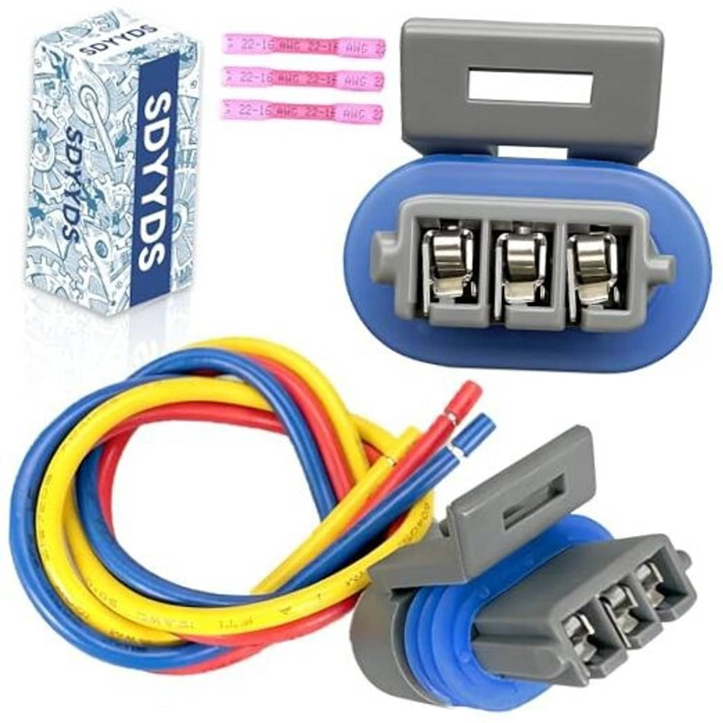 3-pin camshaft position sensor wiring harness connector with colored wire leads and gray plug