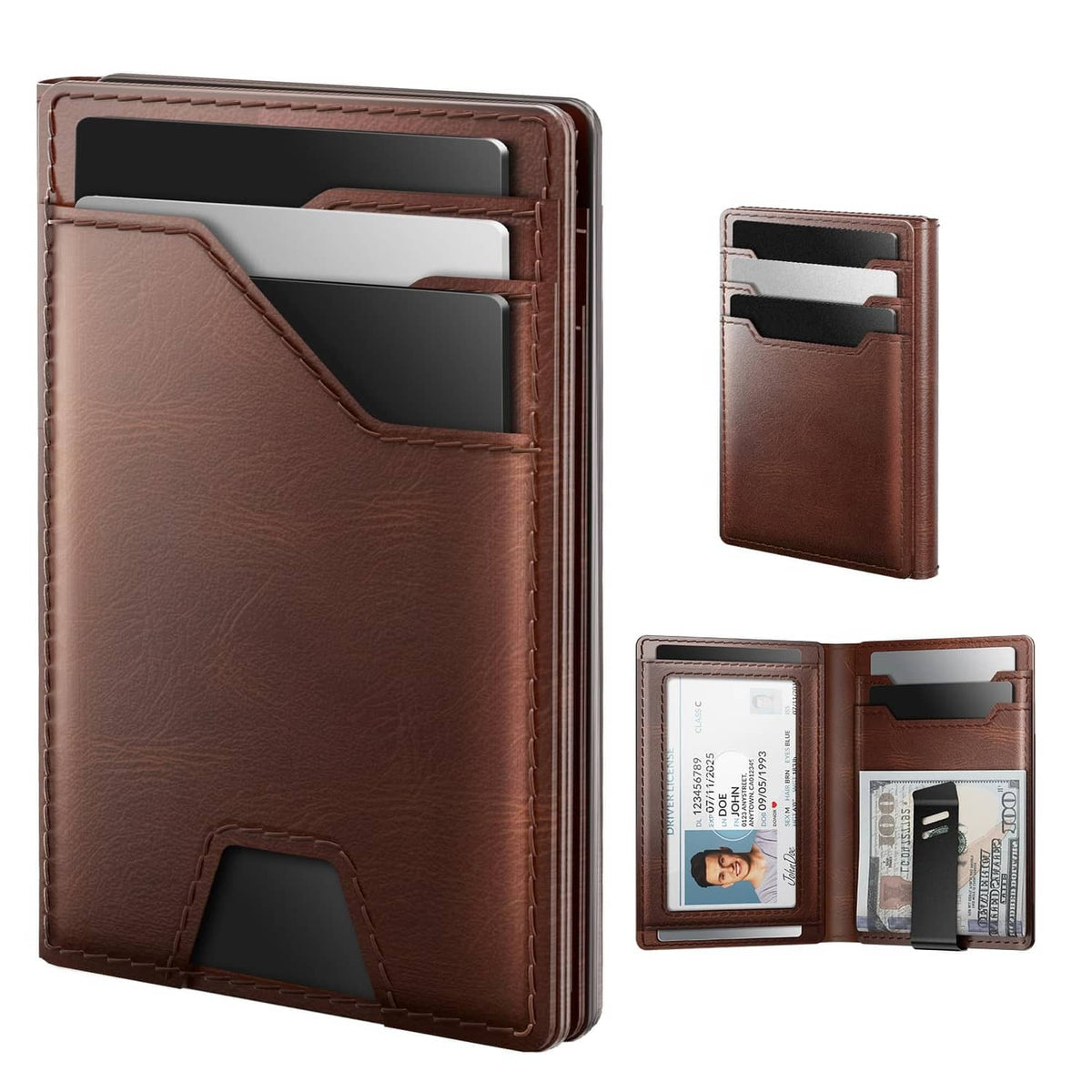 Brown leather slim card wallet with multiple card slots and open front pocket.