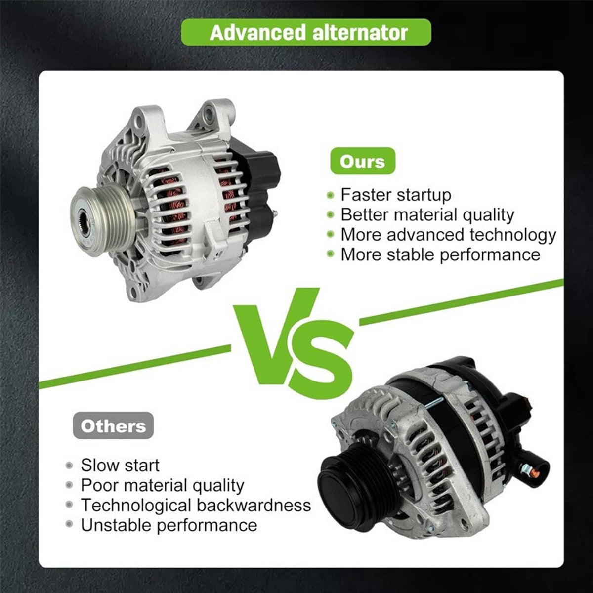 Automotive alternator comparison graphic showing silver unit versus darker unit