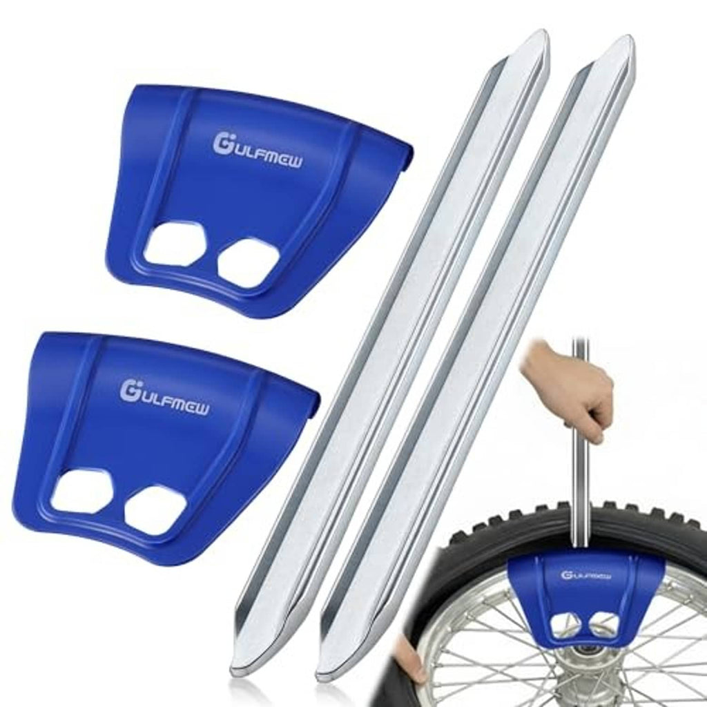 Two blue rim protectors and two silver tire irons for changing dirt bike tires