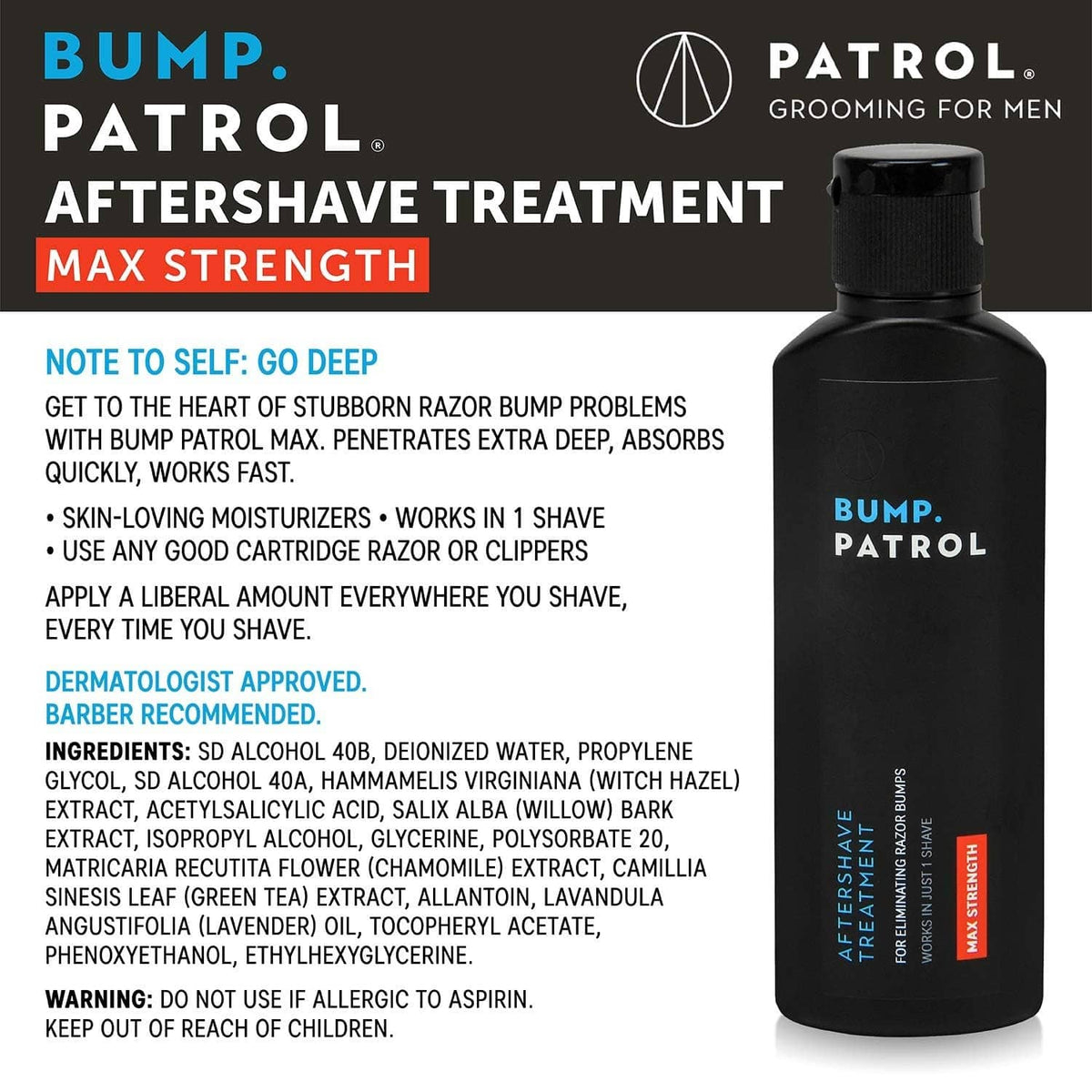 Bump Patrol max strength aftershave treatment bottle with black cap