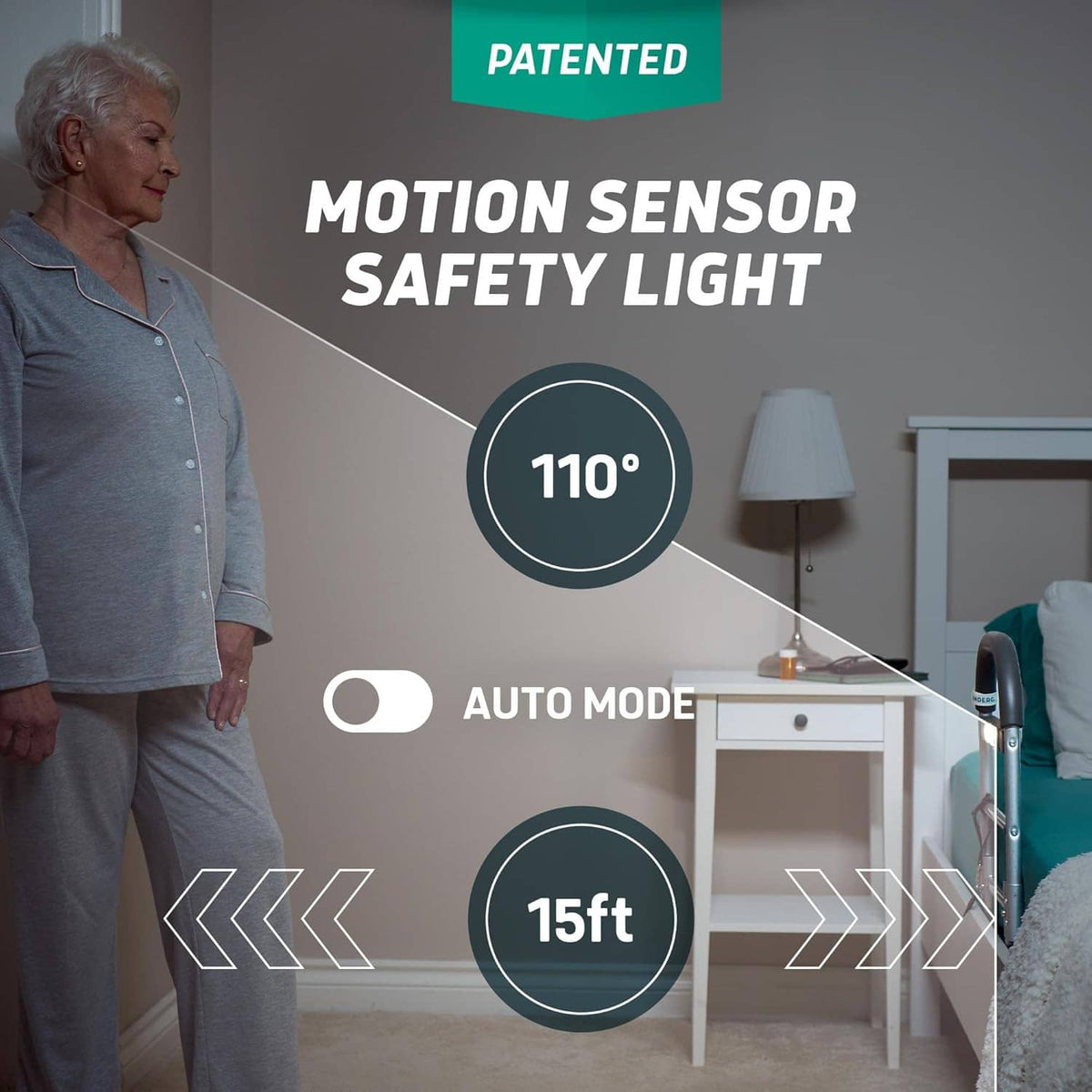 Bed assist rail with motion-activated safety light bar and curved grab handle