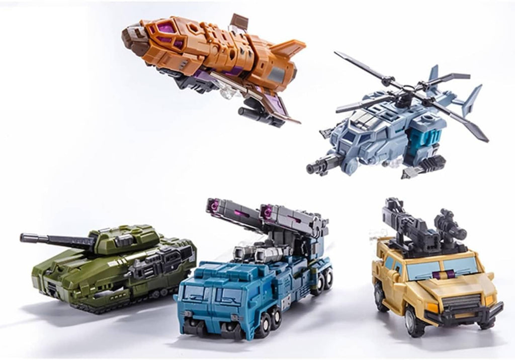 Five small vehicle mecha robots from a 5-in-1 set: orange, blue, green, tan, and gray