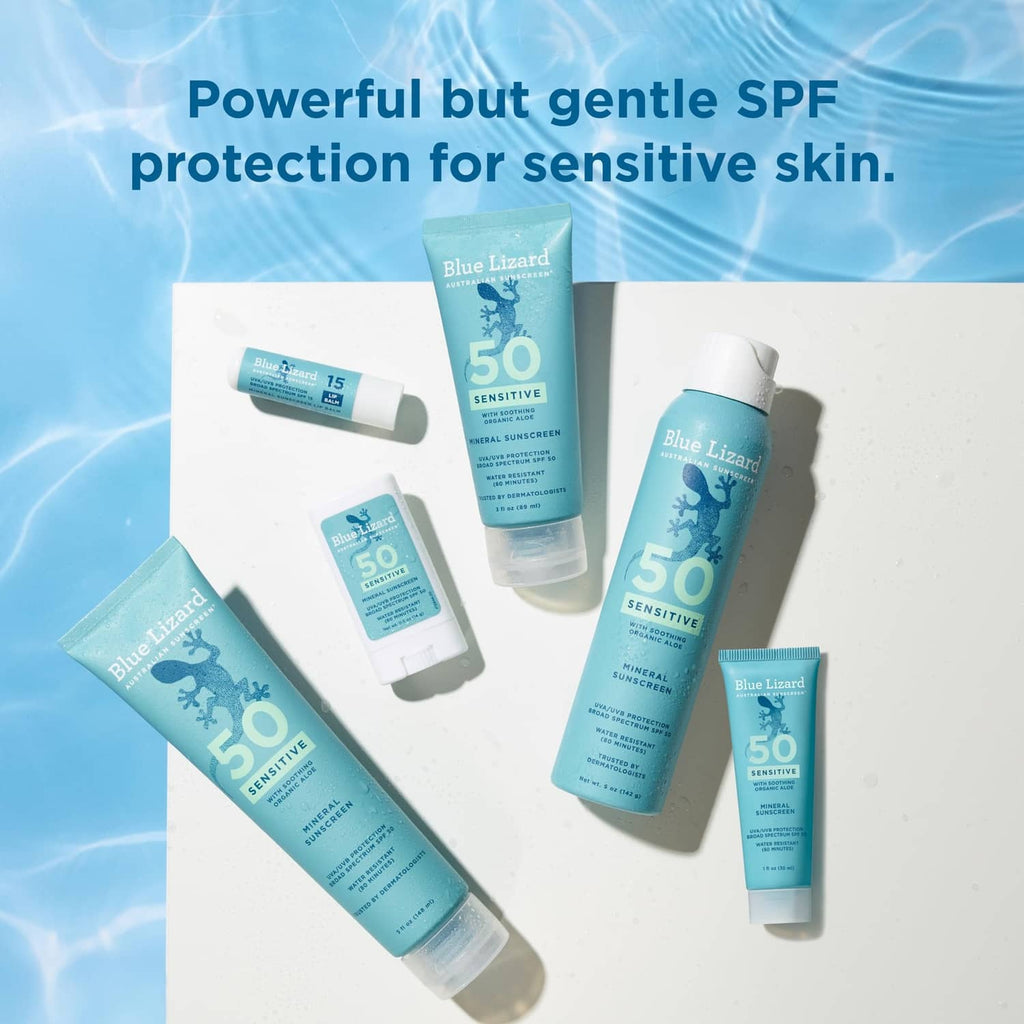 Mineral SPF 50 sensitive sunscreen tubes and bottle set, water-resistant formula.
