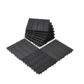 Interlocking dark grey plastic deck tiles, square pieces with raised ridged pattern