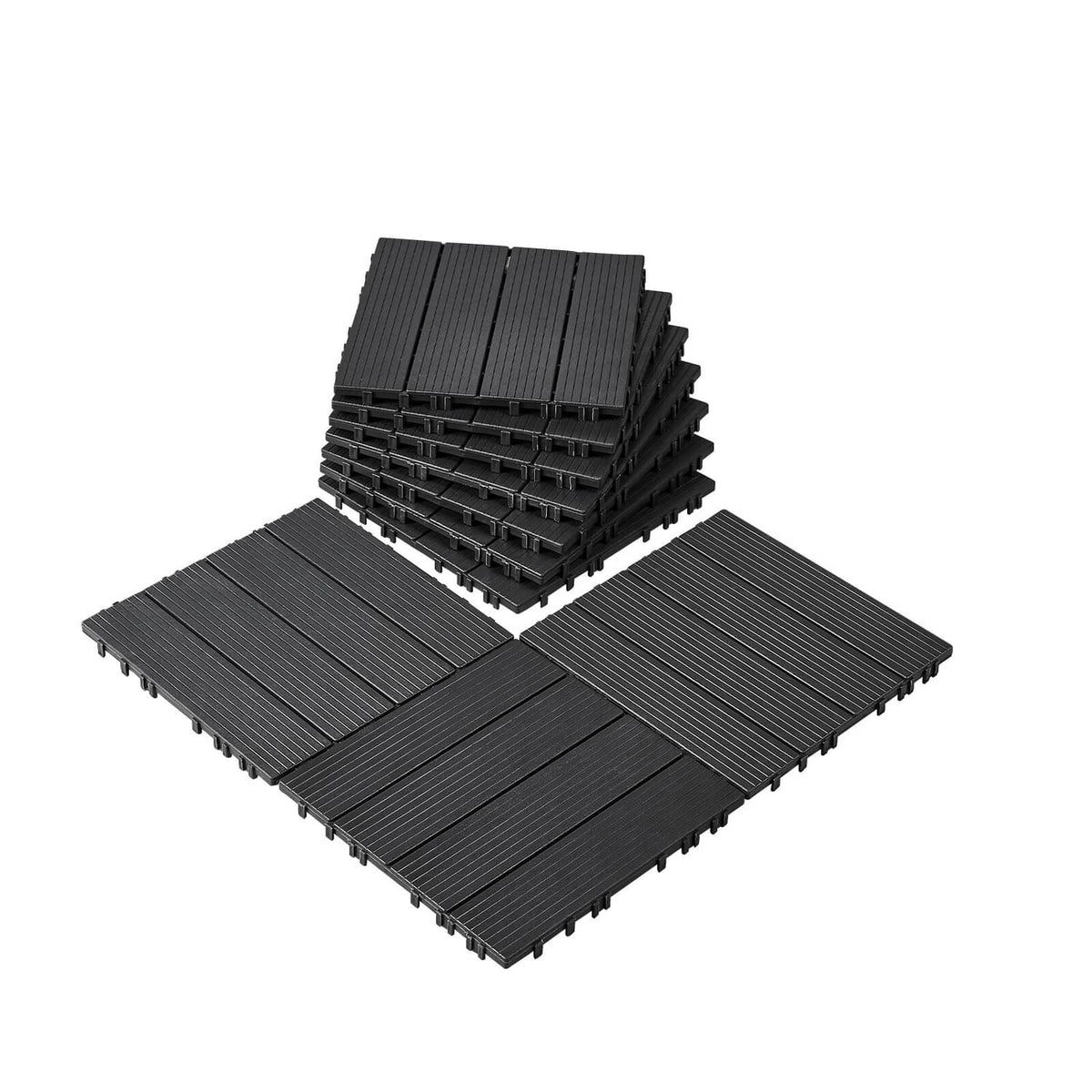 Interlocking dark grey plastic deck tiles, square pieces with raised ridged pattern
